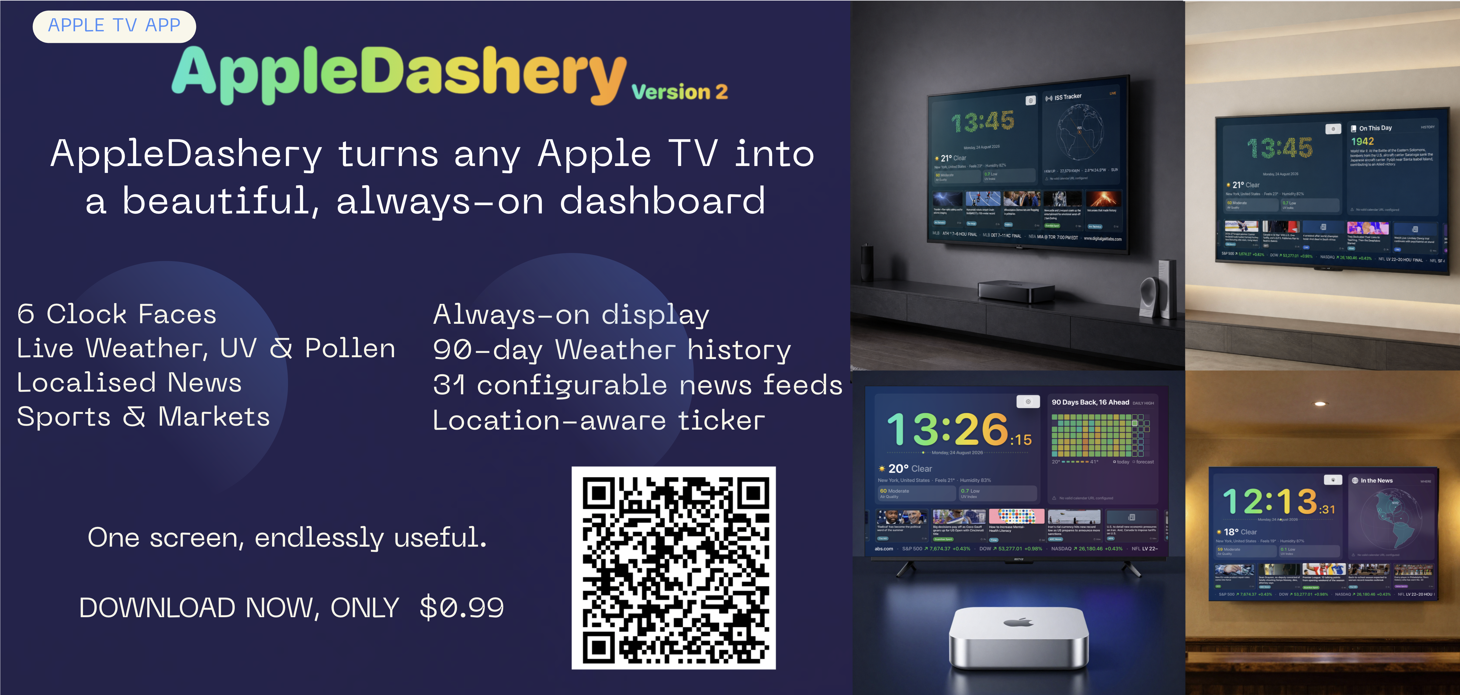 AppleDashery — turns any Apple TV into a beautiful, always-on dashboard. 6 clock faces, live weather UV & pollen, localised news, sports & markets. Download for $0.99.