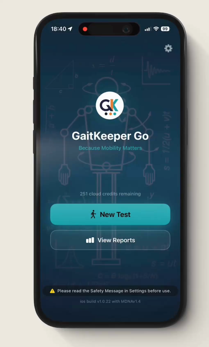 GaitKeeperGo iOS home screen with available mobility tests