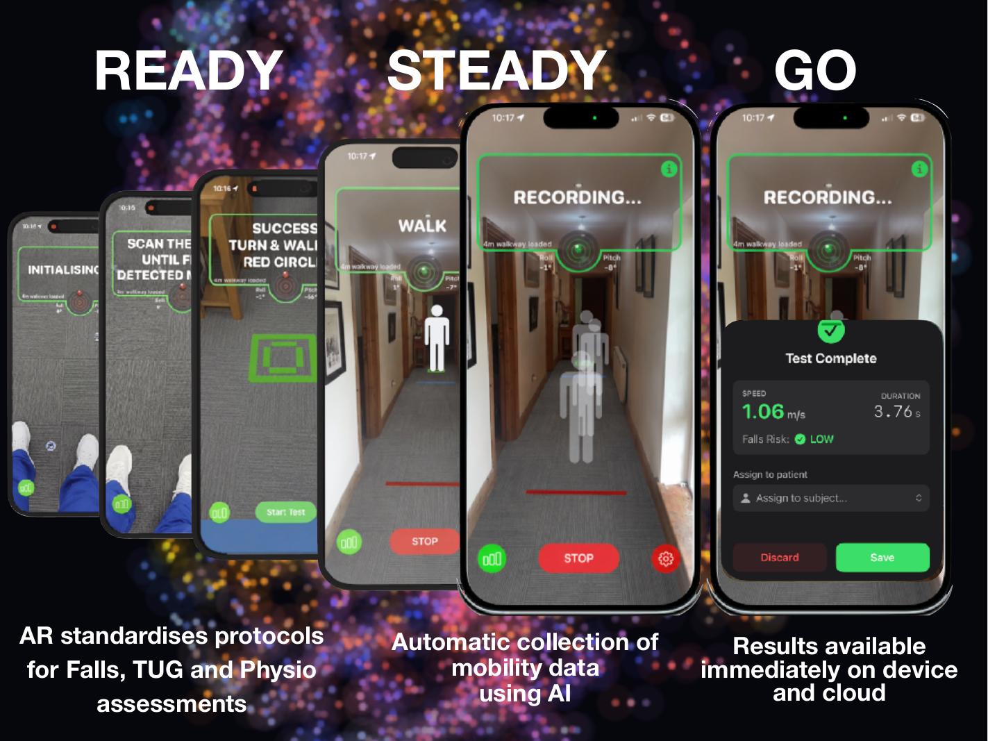 GaitKeeperGo AR walkway test in progress on an iPhone