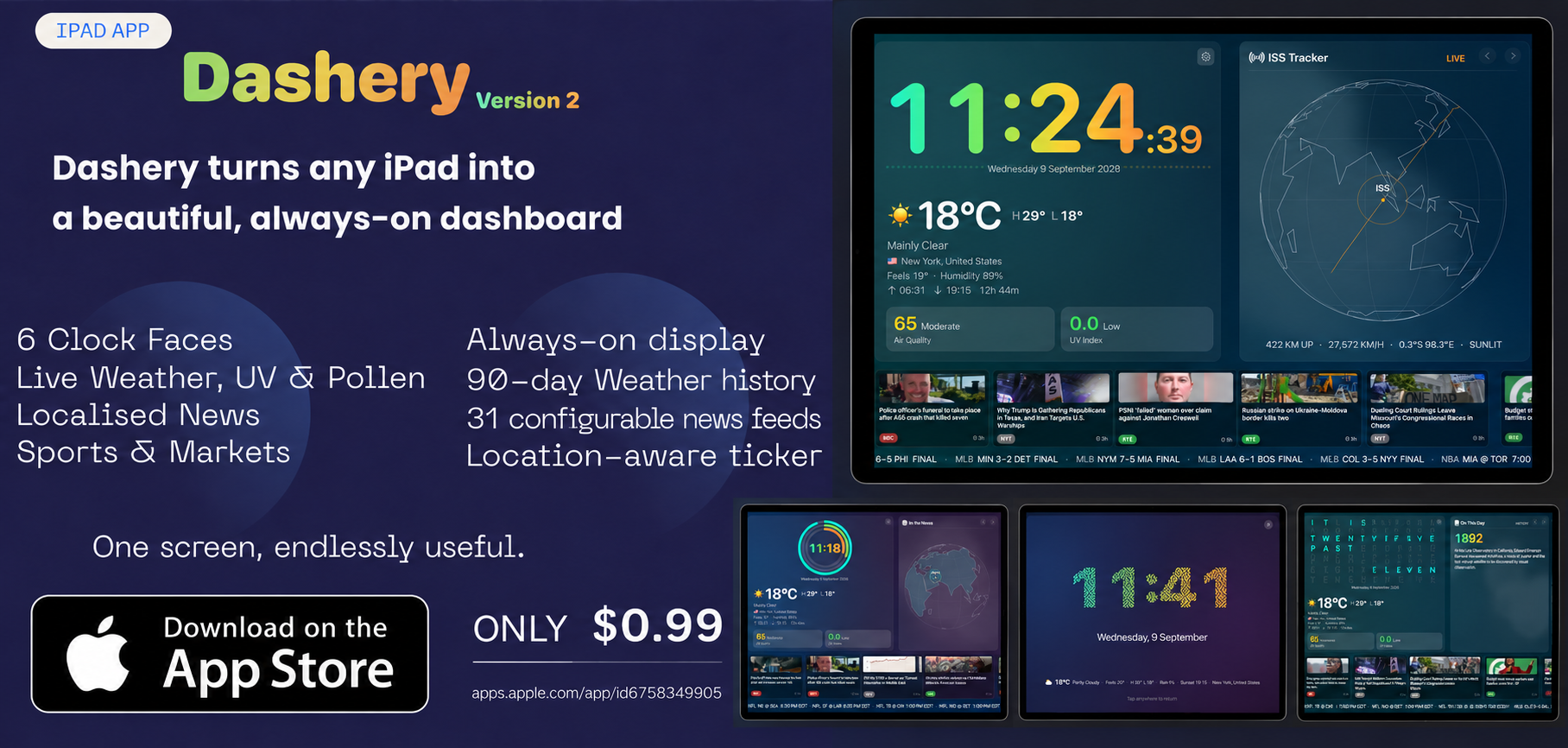 Dashery — turns any iPad into a beautiful, always-on dashboard. Also available for Apple TV. 6 clock faces, live weather UV & pollen, localised news, sports & markets. Download for $0.99.